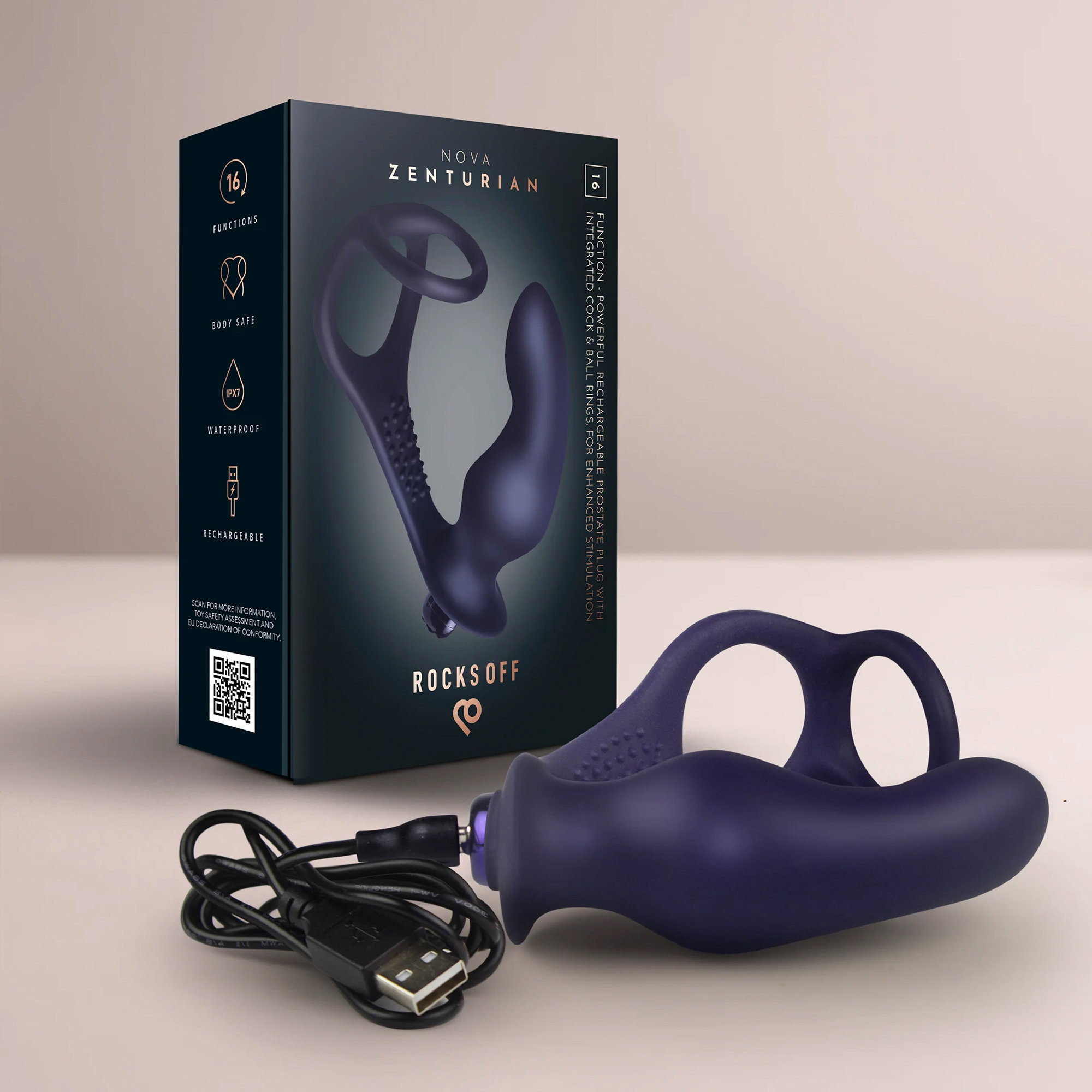 Rocks-Off - Nova Zenturian - Prostate Plug with Cock and Ball Rings - Blue