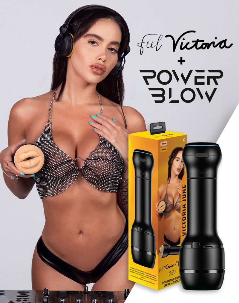 Kiiroo - Combo Set of Interactive Suction Masturbator PowerBlow and FeelStar Victoria June Mouth Stroker - Black